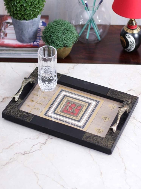 

VarEesha Brown Handcrafted Wooden Engraved Dhokra Brass Work Serving Tray