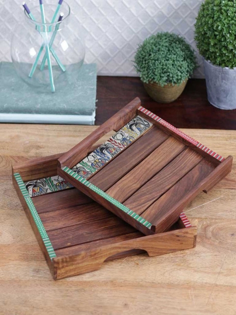 

VarEesha Set of 2 Brown Handcrafted Madhubani Sheesham Wood Serving Trays
