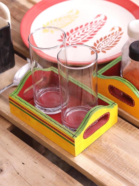 

VarEesha Yellow & Maroon Set of 2 Hand-Painted Wooded Serving Tray