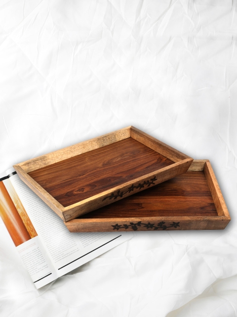 

VarEesha Brown Set Of 2 Rectangular Handcrafted Flowery Vine Recycled Wooden Trays
