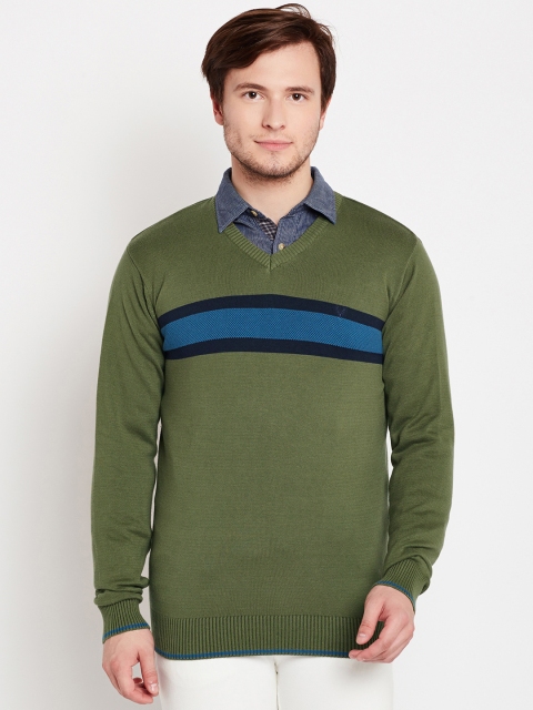 

Allen Solly Men Olive Green & Blue Striped Sweater