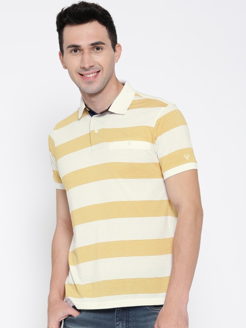 

Allen Solly Men White & Mustard Yellow Striped Polo Collar T-shirt