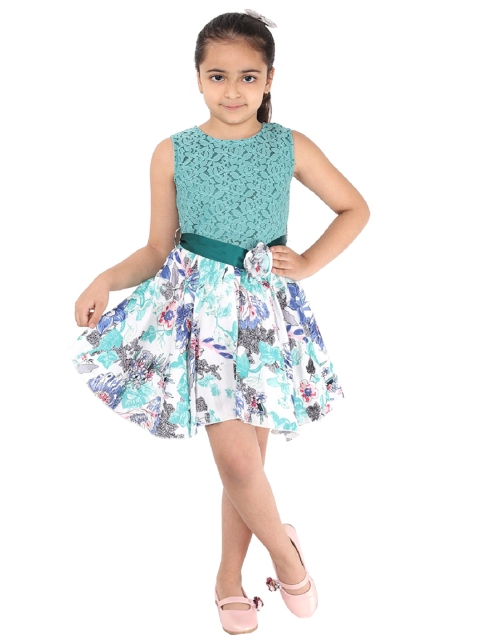 

naughty ninos Girls Sea Green & Off-White Tropical Print Fit and Flare Dress