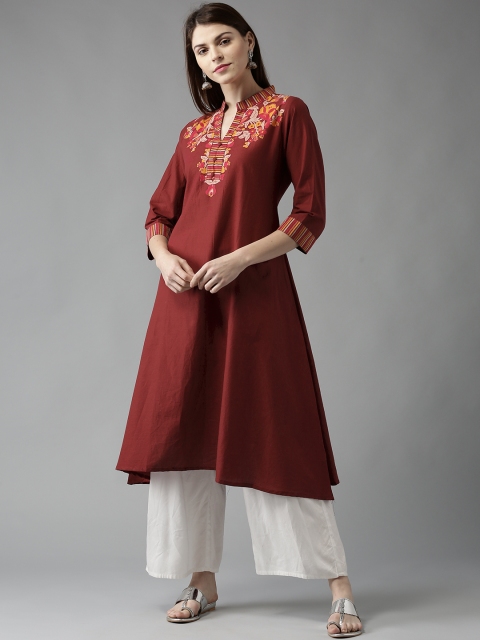 

Moda Rapido Women Maroon Yoke Design A-Line Kurta