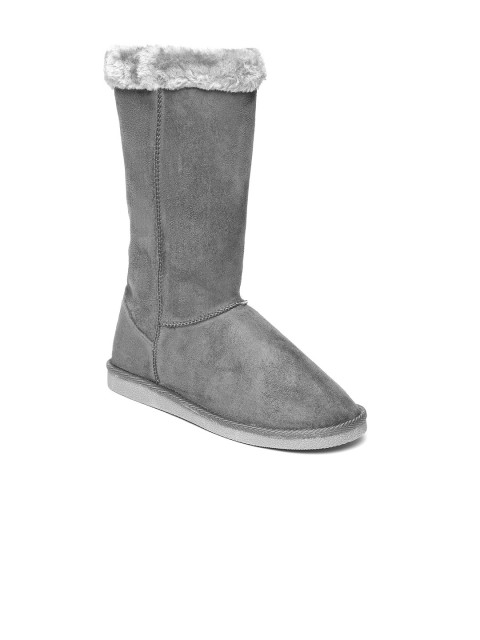 

Carlton London Women Grey Solid Suede High-Top Flat Boots