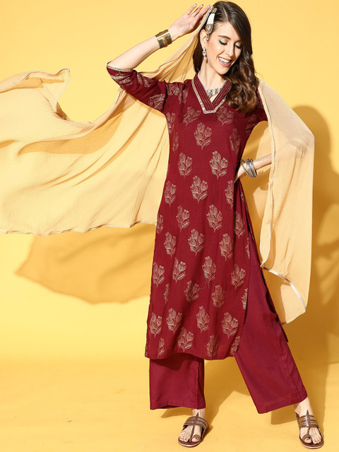 

Indo Era Women Maroon Floral Printed Kurta with Trousers & With Dupatta