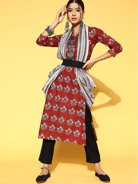 

Indo Era Women Maroon Floral Printed Kurta with Trousers & With Dupatta
