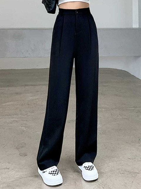 

Next One Women Black Relaxed Straight Leg Loose Fit High-Rise Easy Wash Trousers