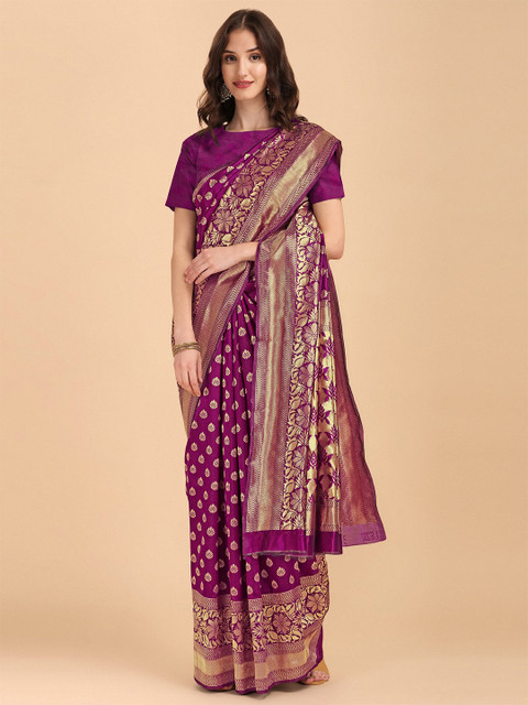 

AVANTIKA FASHION Purple & Gold-Toned Woven Design Zari Pure Silk Banarasi Saree