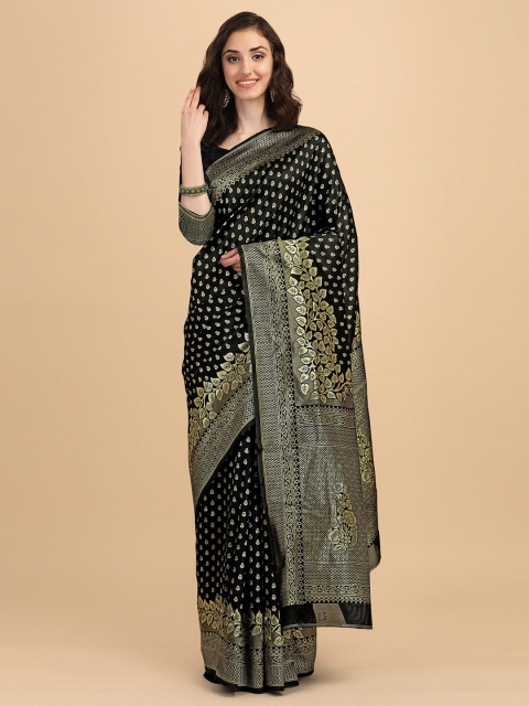 

AVANTIKA FASHION Black & Gold-Toned Woven Design Zari Pure Silk Banarasi Saree