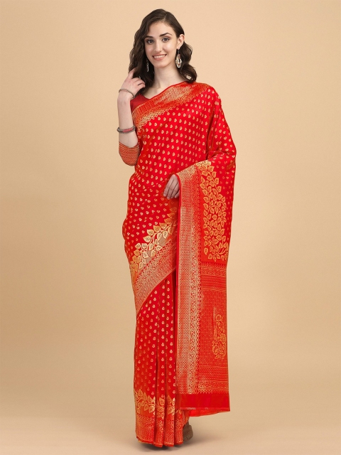 

AVANTIKA FASHION Red & Gold-Toned Woven Design Zari Pure Silk Banarasi Saree