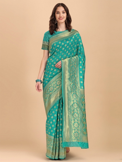 

AVANTIKA FASHION Turquoise Blue & Gold-Toned Woven Design Zari Pure Silk Banarasi Saree