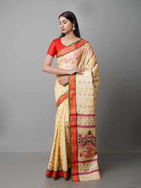 

Unnati Silks Beige & Red Woven Design Zari Pure Cotton Tussar Saree