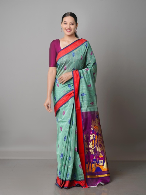 

Unnati Silks Sea Green & Blue Woven Design Zari Silk Cotton Jamdani Saree