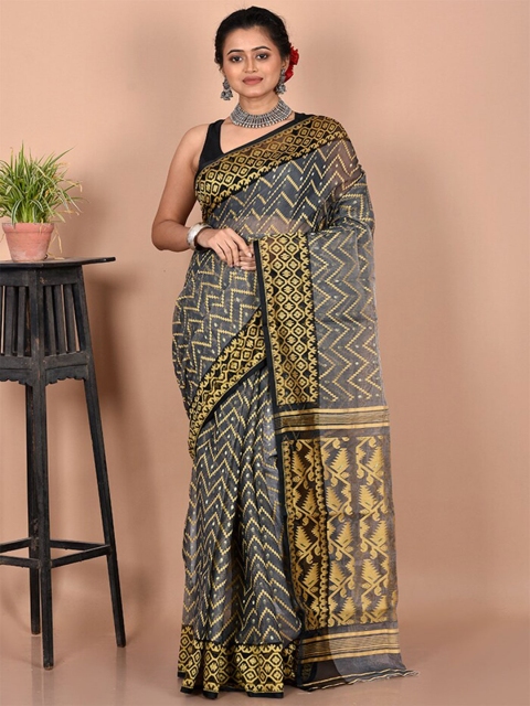 

AllSilks Grey & Gold-Toned Woven Design Zardozi Pure Cotton Taant Saree
