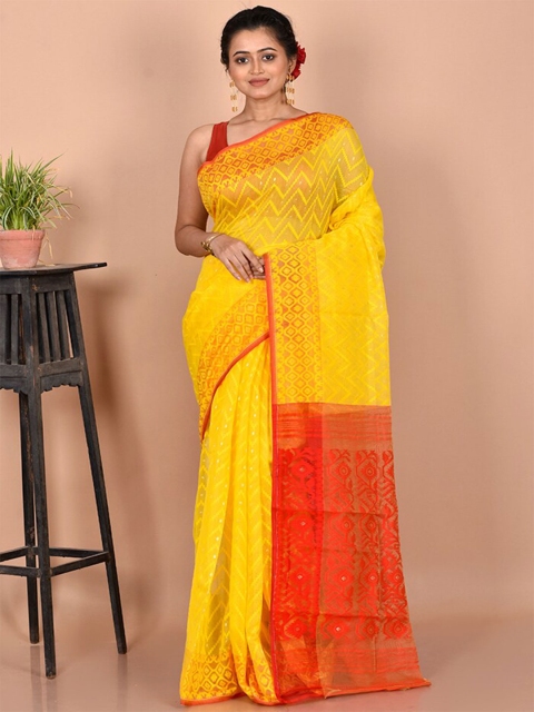 

AllSilks Yellow & Red Pure Cotton Taant Saree