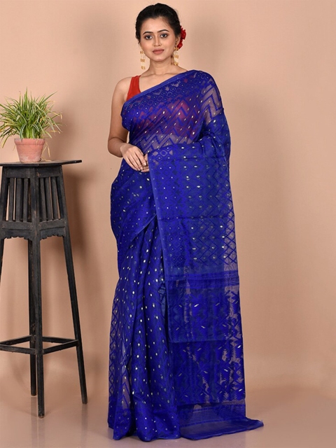 

AllSilks Blue Floral Pure Cotton Taant Saree