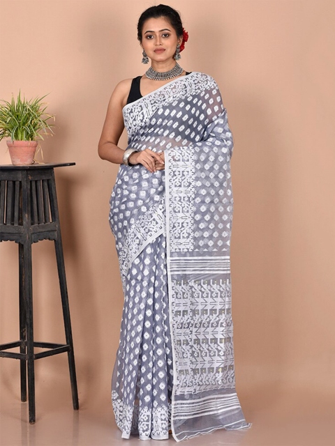 

AllSilks Grey & White Ethnic Motifs Pure Cotton Taant Saree