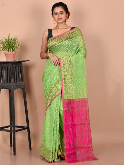 

AllSilks Green & Pink Pure Cotton Taant Saree