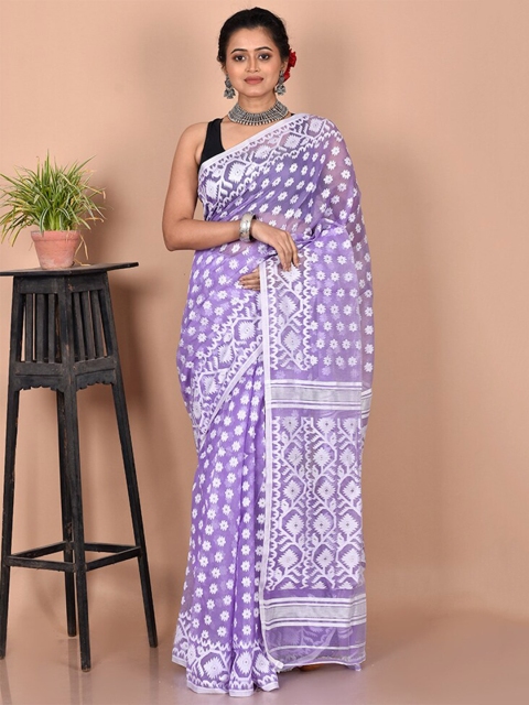 

AllSilks Lavender & White Pure Cotton Taant Saree