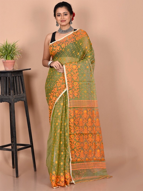 

AllSilks Green & Orange Woven Design Pure Cotton Taant Saree