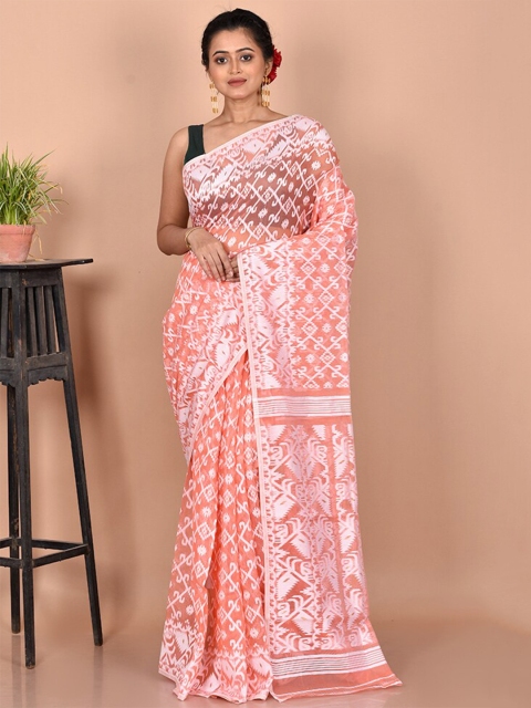 

AllSilks Peach-Coloured & White Pure Cotton Taant Saree