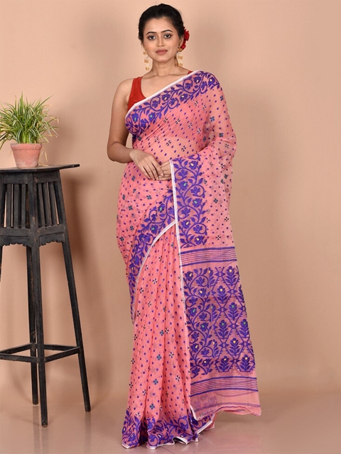 

AllSilks Pink & Blue Woven Design Zari Pure Cotton Taant Saree