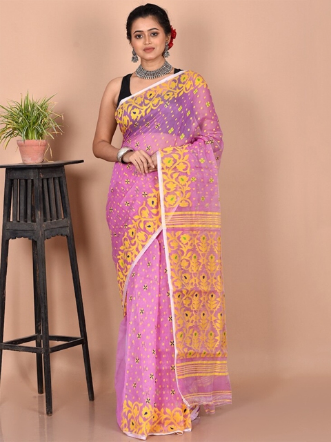 

AllSilks Pink & Yellow Ethnic Motifs Pure Cotton Taant Saree