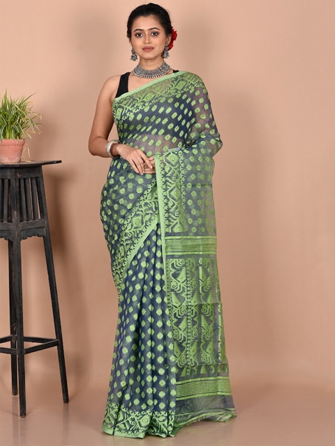 

AllSilks Grey & Green Ethnic Motifs Pure Cotton Taant Saree