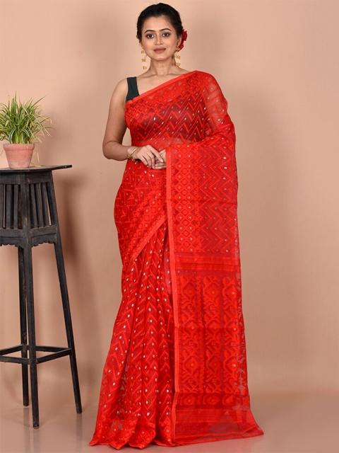 

AllSilks Red & Silver-Toned Ethnic Motifs Pure Cotton Taant Saree