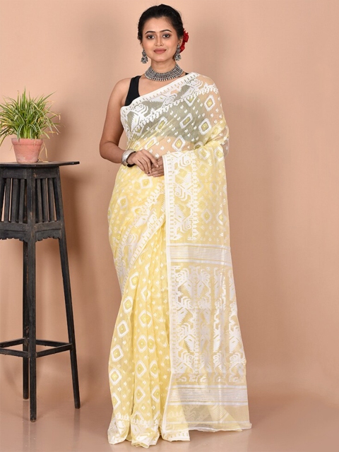 

AllSilks Yellow & White Ethnic Motifs Pure Cotton Taant Saree