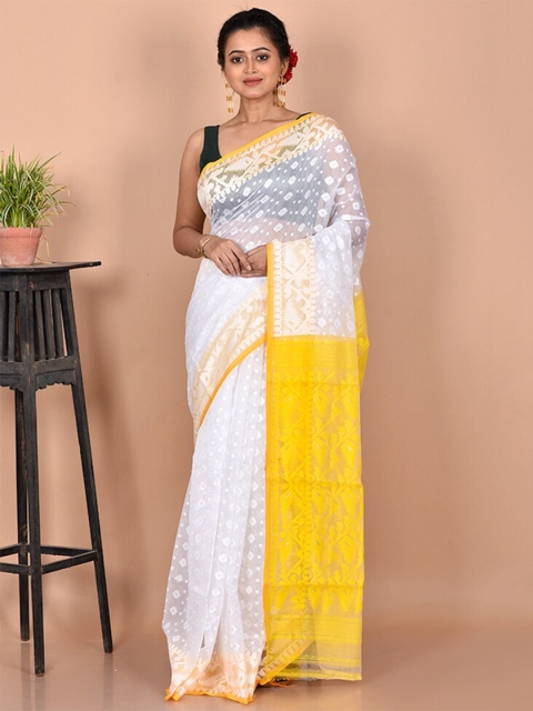 

AllSilks White & Yellow Ethnic Motifs Pure Cotton Taant Saree