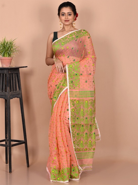 

AllSilks Pink & Green Floral Pure Cotton Taant Saree