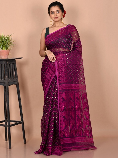 

AllSilks Purple & White Woven Design Zari Pure Cotton Taant Saree