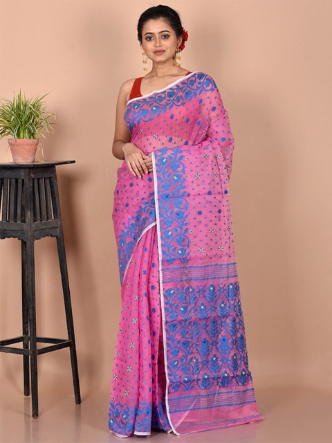 

AllSilks Pink & Blue Ethnic Motifs Pure Cotton Taant Saree