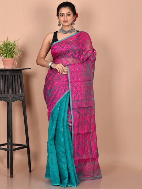 

AllSilks Pink & Blue Woven Design Zari Pure Cotton Taant Saree