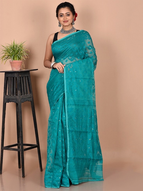 

AllSilks Green & Silver-Toned Woven Design Zari Pure Cotton Taant Saree