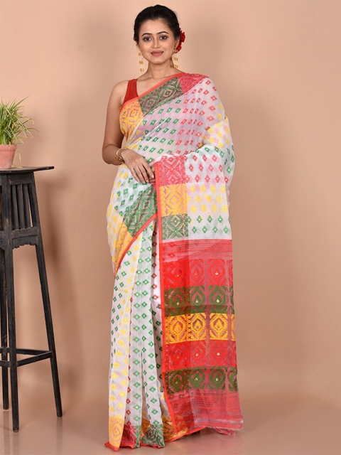 

AllSilks White & Green Woven Design Zari Pure Cotton Taant Saree