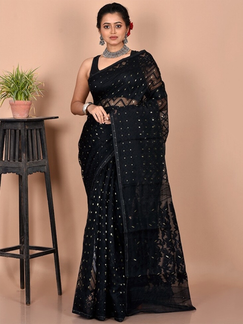 

AllSilks Black Ethnic Motifs Pure Cotton Taant Saree