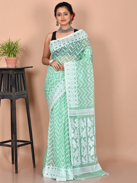 

AllSilks Sea Green & White Woven Design Pure Cotton Taant Saree