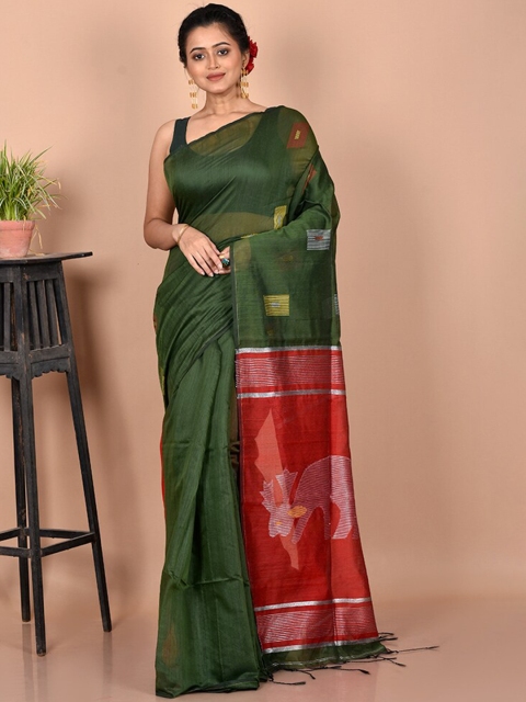 

AllSilks Pink & Green Woven Design Silk Cotton Saree