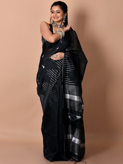 

AllSilks Black & Silver-Toned Woven Design Zari Silk Cotton Saree