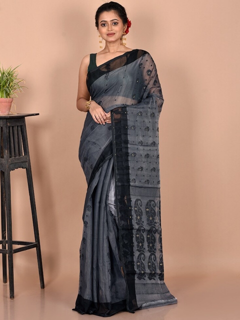 

AllSilks Grey & Black Ethnic Motifs Pure Cotton Taant Saree