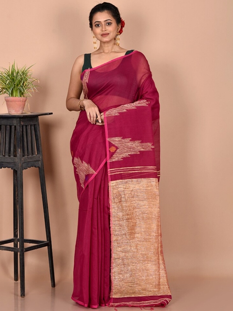 

AllSilks Magenta & Gold-Toned Woven Design Zari Silk Cotton Saree