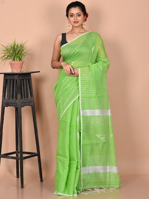 

AllSilks Green & White Striped Silk Cotton Saree