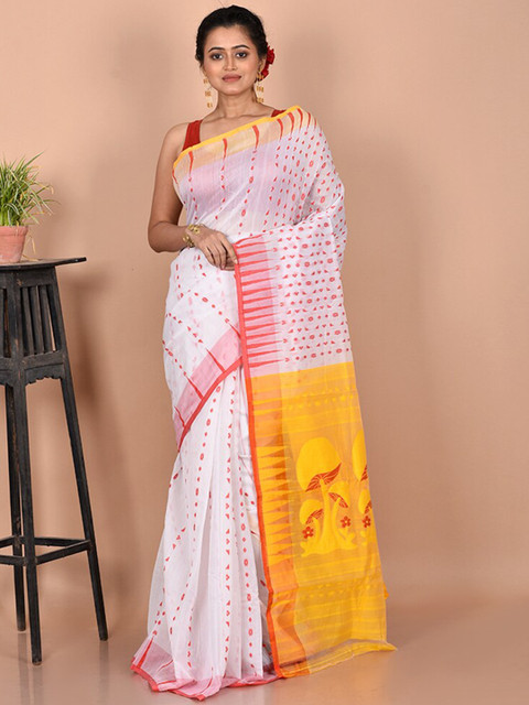 

AllSilks White & Yellow Ethnic Motifs Pure Cotton Taant Saree