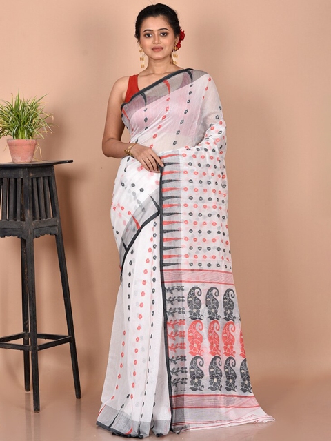 

AllSilks White & Pink Ethnic Motifs Pure Cotton Taant Saree