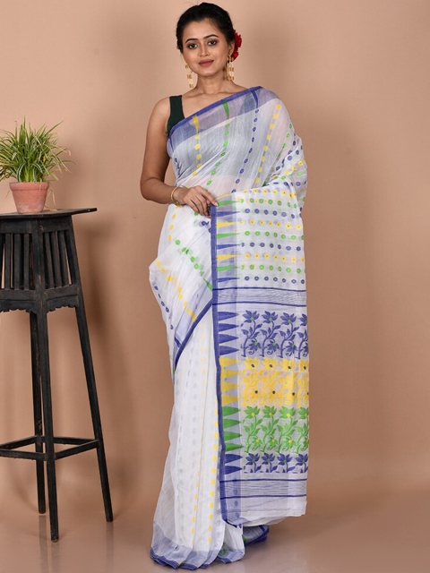

AllSilks White & Blue Woven Design Pure Cotton Ready to Wear Taant Saree