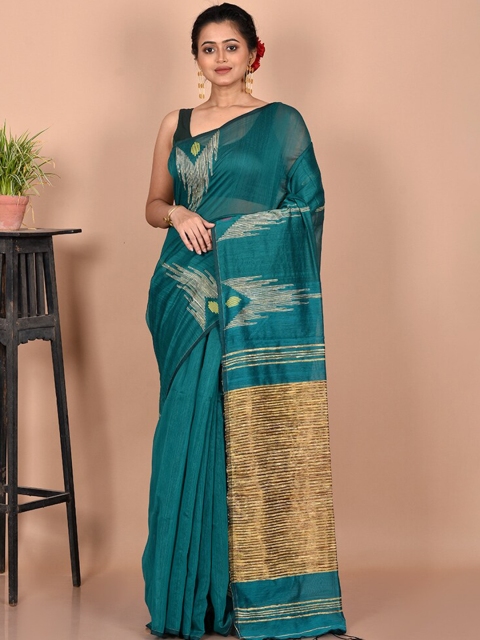 

AllSilks Blue & Gold-Toned Woven Design Zari Silk Cotton Saree