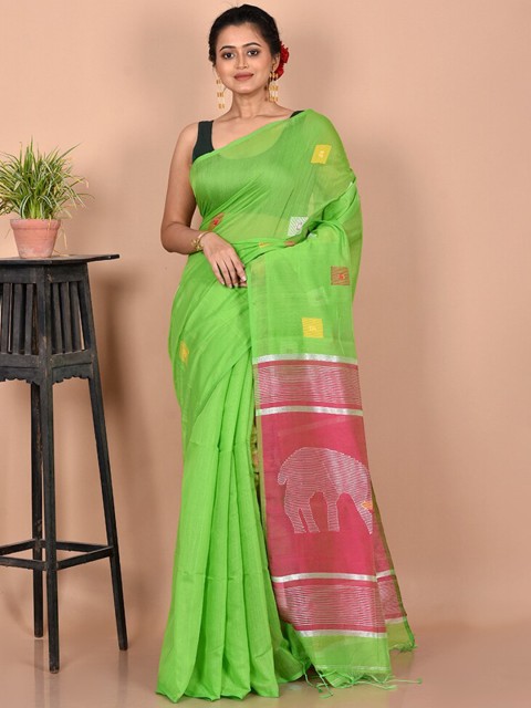 

AllSilks Green & Red Woven Design Silk Cotton Ready to Wear Saree